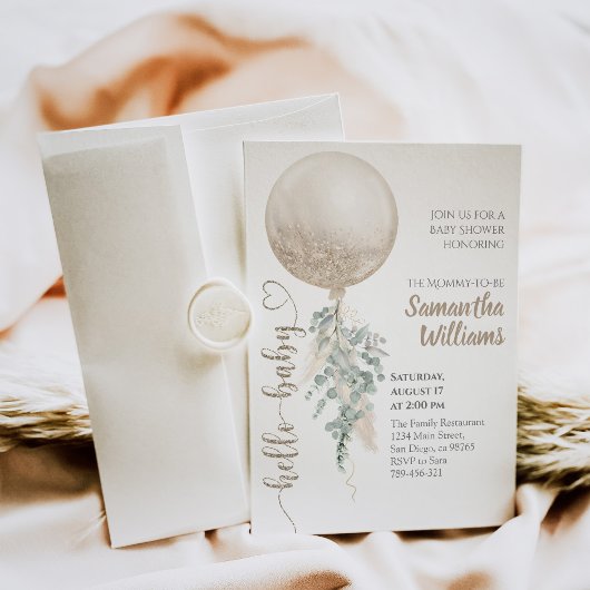 Neutraler Ballon Pampas Baby Showe Einladung
