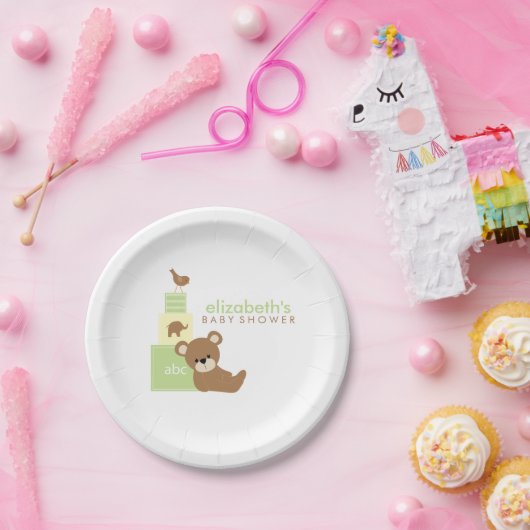 Neutraler Bär und Spielzeug blockiert Babydusche Pappteller (Party)