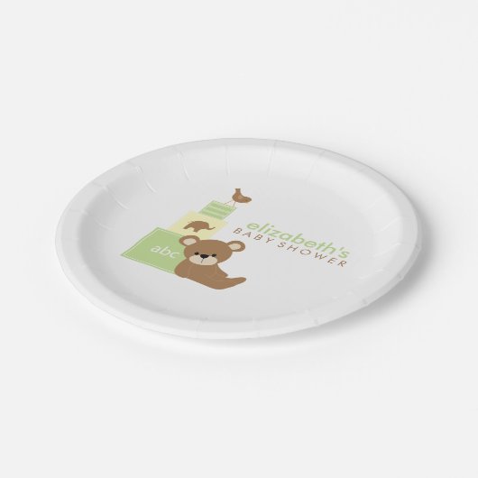 Neutraler Bär und Spielzeug blockiert Babydusche Pappteller (Schrägansicht)