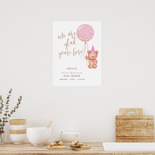 Neutraler Bärenpinke Ballon Begrüßung Babydusche Poster (Küche)