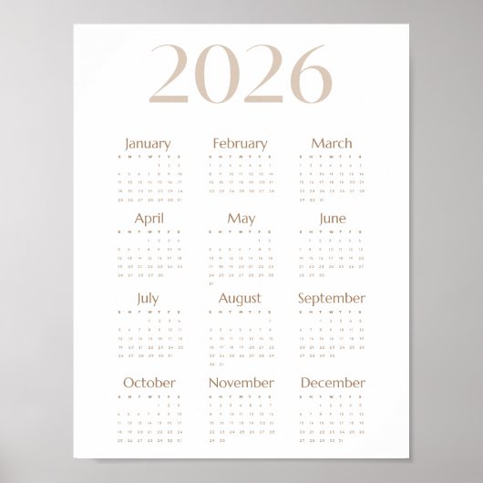 Neutraler Beige-Kalender 2026 Minimalistischer Ein Poster (Vorne)