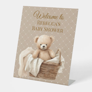Neutraler brauner Teddybär Baby Shower Sockelschild