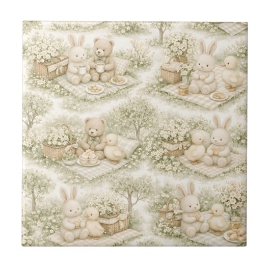 Neutraler Bunny-Bär-Picknick-Blumengarten (3) Fliese (Vorderseite)