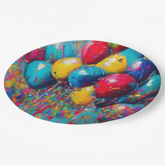 Neutraler bunter Spaß zum Geburtstag Pappteller (Schrägansicht)