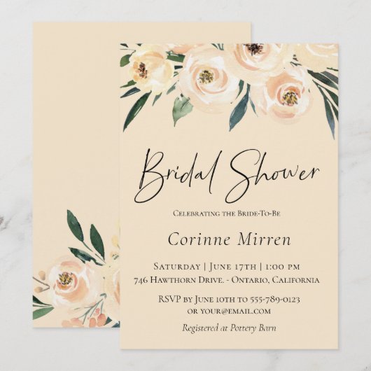 Neutraler Champagner Blumendusche Einladung (Vorne/Hinten)