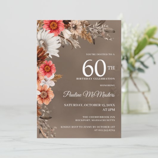 Neutraler Fall von weißer Blume Blume 60. Geburtst Einladung (Stehend Vorderseite)