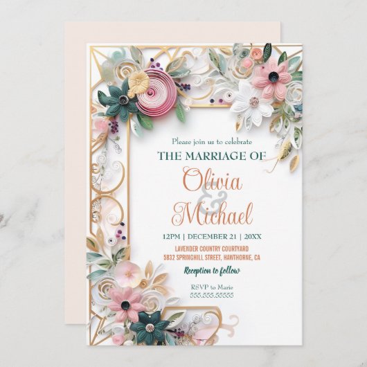 neutraler farbiger, floraler Rahmen für das Hochze Einladung (Vorne/Hinten)