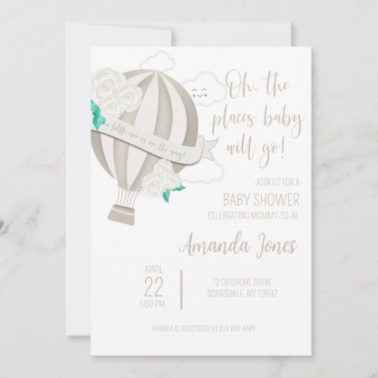 Neutraler Heißluftballon mit Rose-Dusche Einladung (Vorderseite)