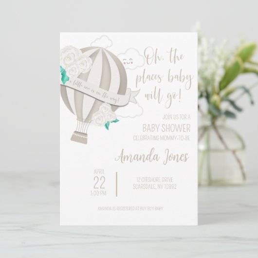 Neutraler Heißluftballon mit Rose-Dusche Einladung (Stehend Vorderseite)