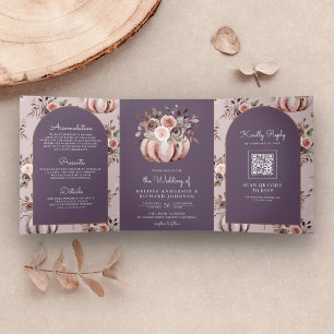 Neutraler Kürbis-Blumen-QR-Code Blasslila Hochzeit Dreifach Gefaltete Einladung