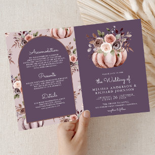 Neutraler Kürbis-Blumen-QR-Code Blasslila Hochzeit Einladung