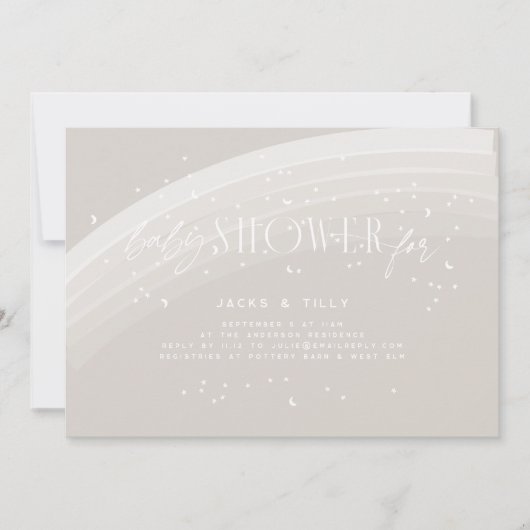 Neutraler Regenbogen und Sterne Weißbeige Babydusc Einladung (Vorderseite)