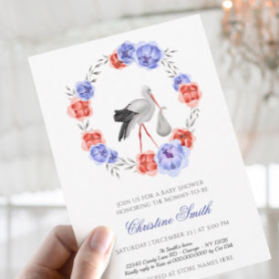 Neutraler Stork Blue Red Floral Baby Shower I Einladung