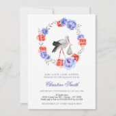 Neutraler Stork Blue Red Floral Baby Shower I Einladung (Vorderseite)