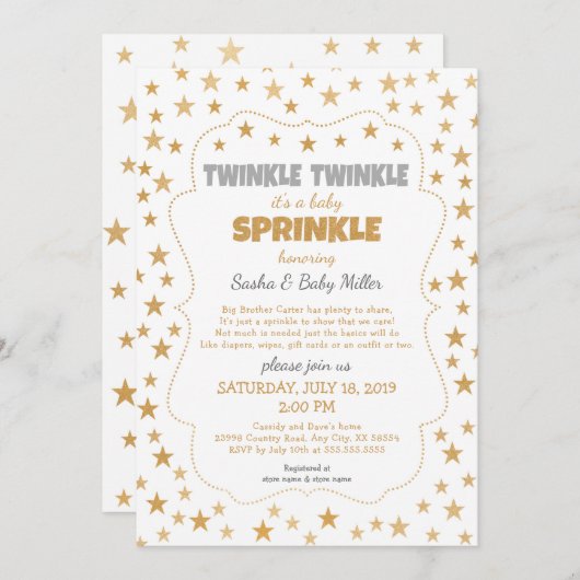 Neutraler Twinkle Baby Sprinkle Goldstar Einladung (Vorne/Hinten)