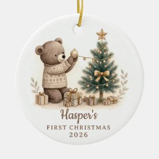 Neutraler Wasserfarben-Bär-Baby-Erstes-Weihnachten Keramik Ornament