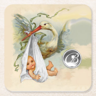 NEUTRALER WEISSER STORCH BABY-SHOWER-EDELSTEIN-MON RECHTECKIGER PAPPUNTERSETZER