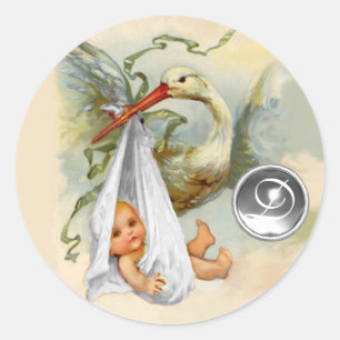 NEUTRALER WEISSER STORCH BABY SHOWER EDELSTEIN MON RUNDER AUFKLEBER