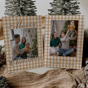 Neutrales, altes Geld Gingham-Familienfoto Weihnac Feiertagskarte