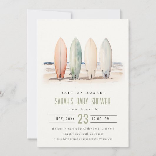 Neutrales Baby an Bord Surfbrett Babydusche Einladung (Vorderseite)