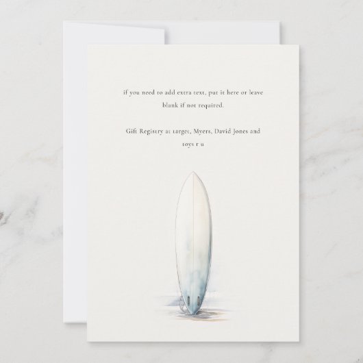 Neutrales Baby an Bord Surfbrett Babydusche Einladung (Rückseite)