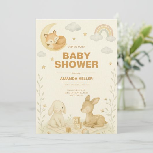 Neutrales Baby Animal Kinderzimmer Baby Shower Einladung (Stehend Vorderseite)
