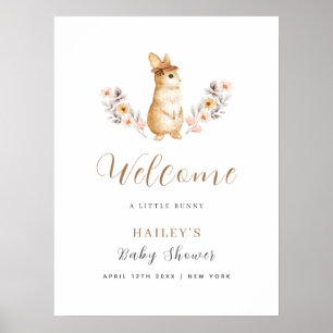Neutrales Baby-Shower mit Wildblumen-Hasen-Motiv Poster