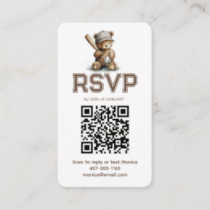 Neutrales Baseball-Teddybär-Baby-Shower-QR-RSVP Begleitkarte