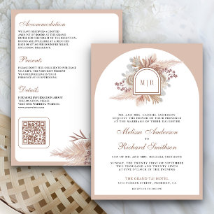 Neutrales Beige-Blumen-Boho-Pampas-QR-Code-Hochzei Einladung