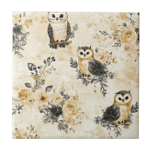Neutrales Beige-Eulen-Blumen-Botanik-Muster Fliese (Vorderseite)