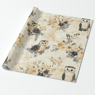Neutrales Beige-Eulen-Blumen-Botanik-Muster Geschenkpapier