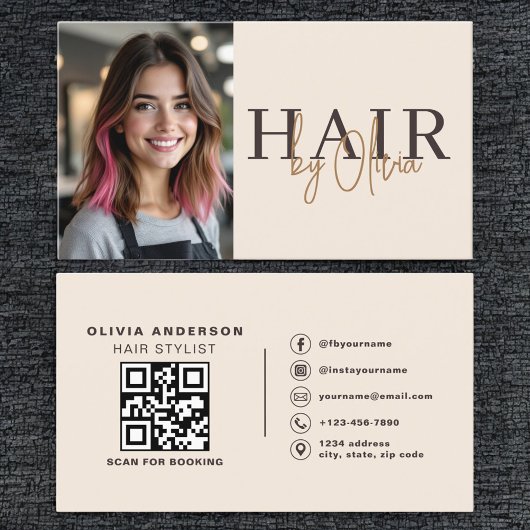 Neutrales Beige-Friseur-Foto-QR-Code Visitenkarte