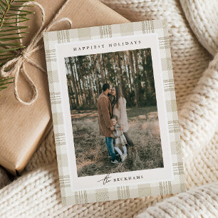 Neutrales Beige-Gingham-Familienfoto-Weihnachten Feiertagskarte