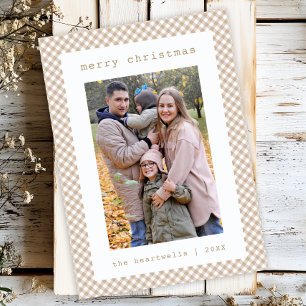 Neutrales Beige-Gingham-Karo-Weihnachtsfoto Feiertagskarte