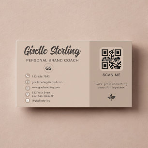 Neutrales Beige-QR-Code-Monogramm Social Media  Visitenkarte
