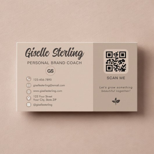 Neutrales Beige-QR-Code-Monogramm Social Media  Visitenkarte