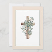 Neutrales Beigenkreuz mit Grünpflanzen Erste Kommu Einladung (Rückseite)