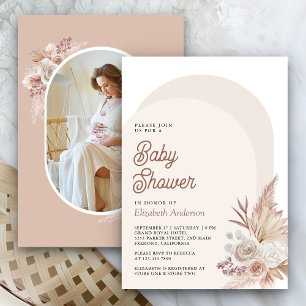 Neutrales Beiges Blumen- Pampas Foto Baby Shower Einladung