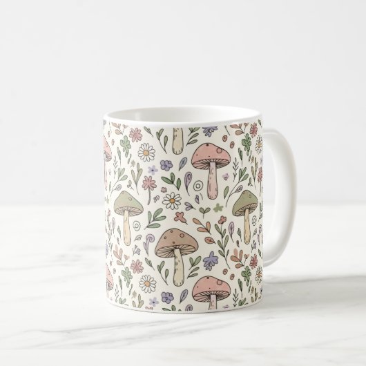 Neutrales Beiges Erdige Pilze Nahtloses Muster Kaffeetasse (VorderseiteRechts)