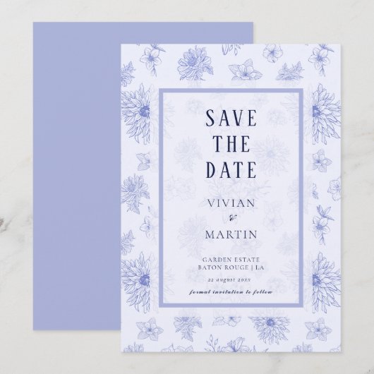 Neutrales blaues Schattenblumenmuster Save the Dat Einladung (Vorne/Hinten)
