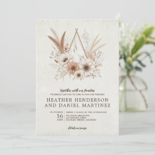 Neutrales Boho-Blumenhochzeit mit QR-Code und Deta Einladung