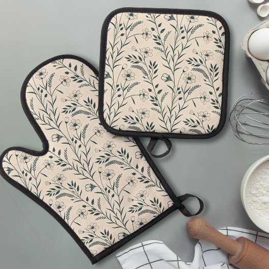 Neutrales Boho-Botanik-Design Ofenhandschuh & Topflappen-Set