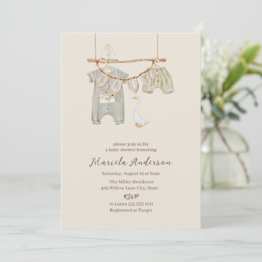 Neutrales Boho Kinderzimmer Mobile Baby Shower Inv Einladung (Stehend Vorderseite)