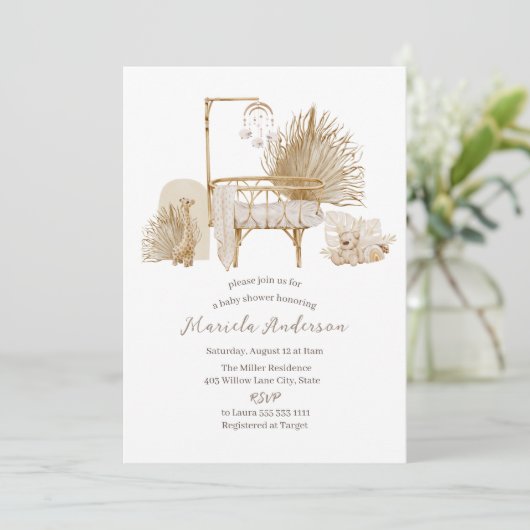 Neutrales Boho Kinderzimmer Mobile Baby Shower Inv Einladung (Stehend Vorderseite)