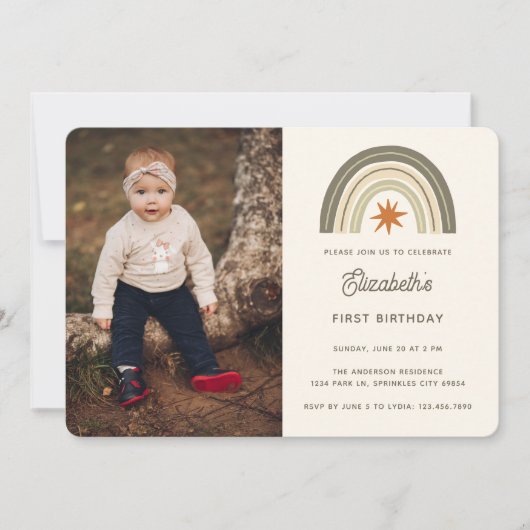Neutrales Boho-Rainbow-Foto Einladung (Vorderseite)