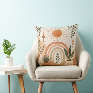 Neutrales Boho-Sonne-und-Pflanzen-Kissen Kissen