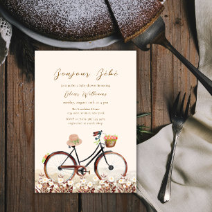 Neutrales Bonjour Bébé Floral Fahrrad Baby Shower Einladung
