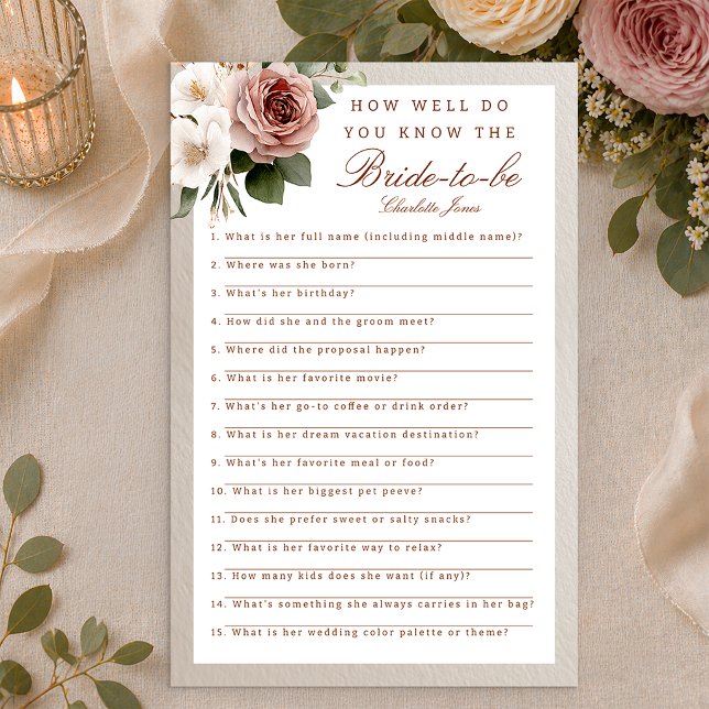 Neutrales Brautparty-Spiel mit Blumen - Kenne die  (Bridal Shower Card)