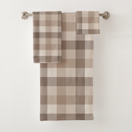 Neutrales Erdbraun Kariertes Gingham Karomuster Badhandtuch Set (Insitu)