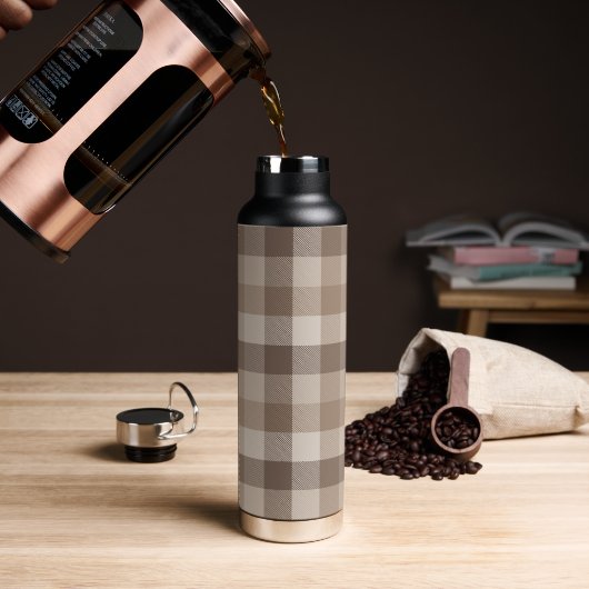 Neutrales Erdbraun Kariertes Gingham Karomuster Trinkflasche (Kaffee (gedreht))